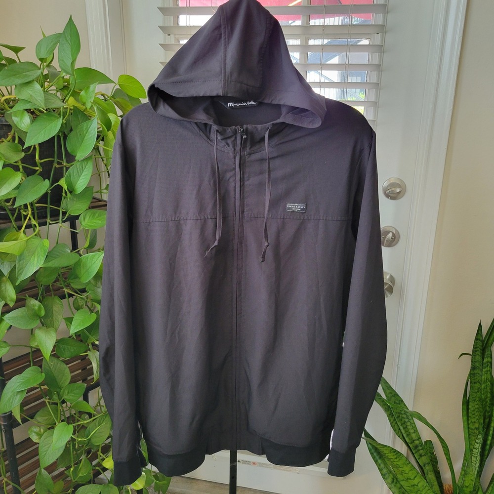 TravisMathew Mens Large Full Zip Hooded Jacket Black Grey Lightweight Stretch